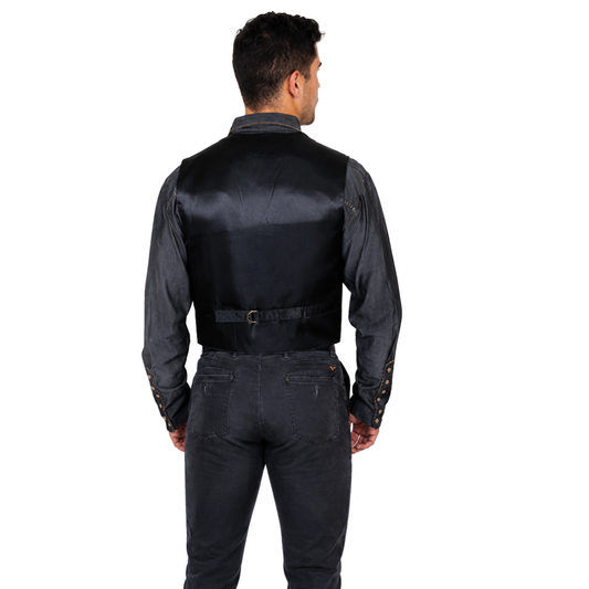 Rear view of the black vest showing the satin back panel and buckle strap