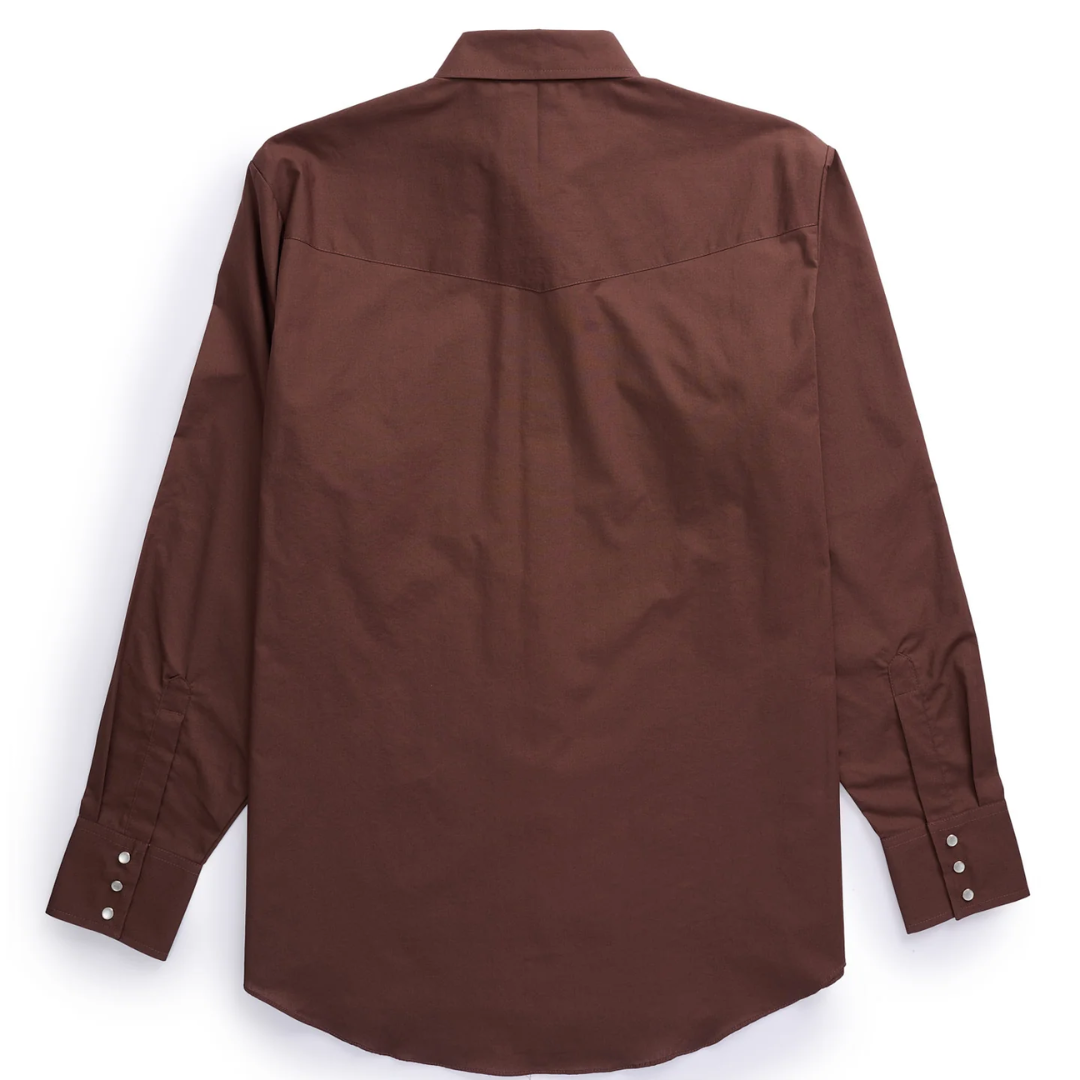 Solid chocolate brown long sleeve shirt laid flat with pearl snap placket