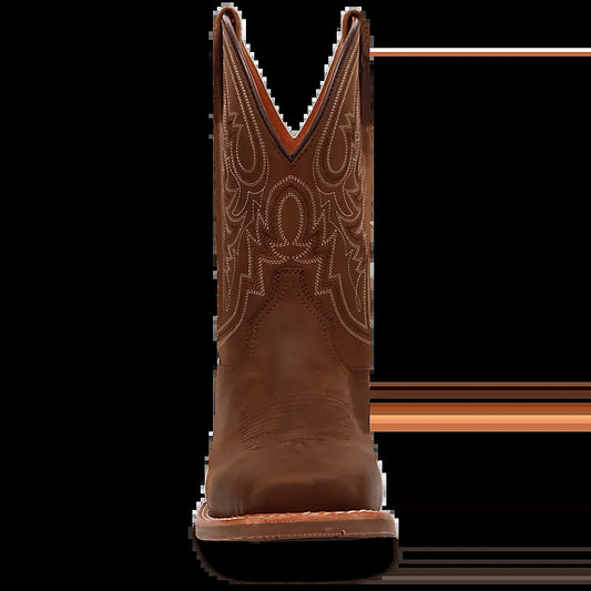 Cowboy work boot with a low stockman heel and leather shaft