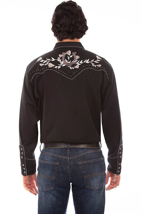 Back of the black shirt showing the studded yoke perimeter and piping