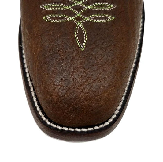 Square toe cowboy boot in honey bullhide with a bright green shaft