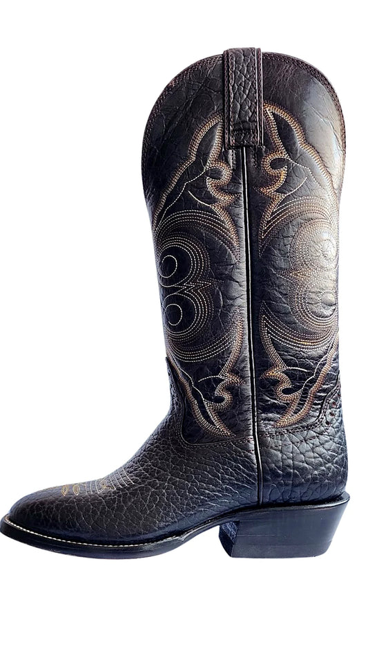 Men's brown bullhide western boot with a round toe