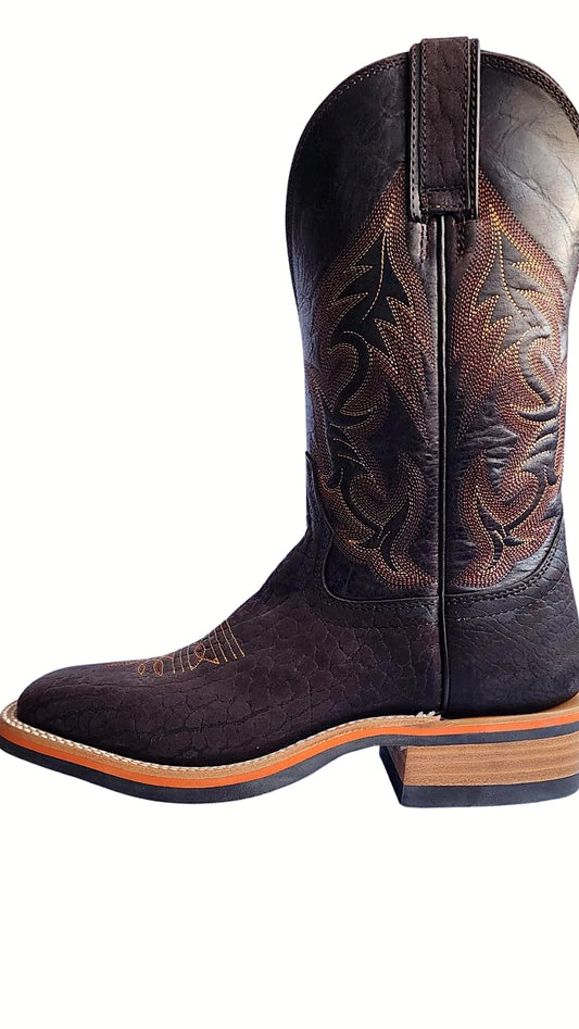 Brown nubuck bullhide western boot with a square toe