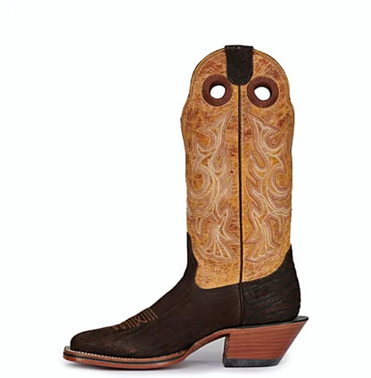 Brown nubuck bullhide western boot with a square toe