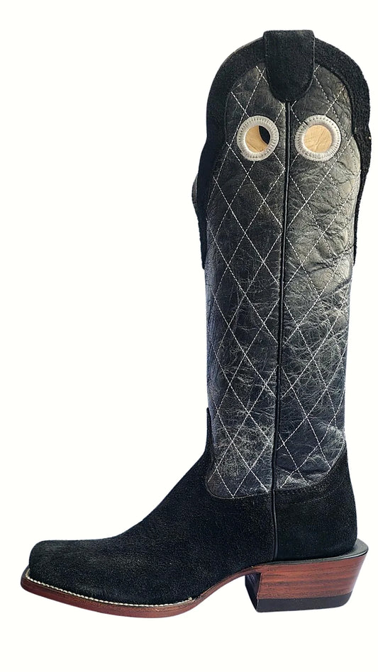 Black rough-out western boot with a square toe and tall shaft