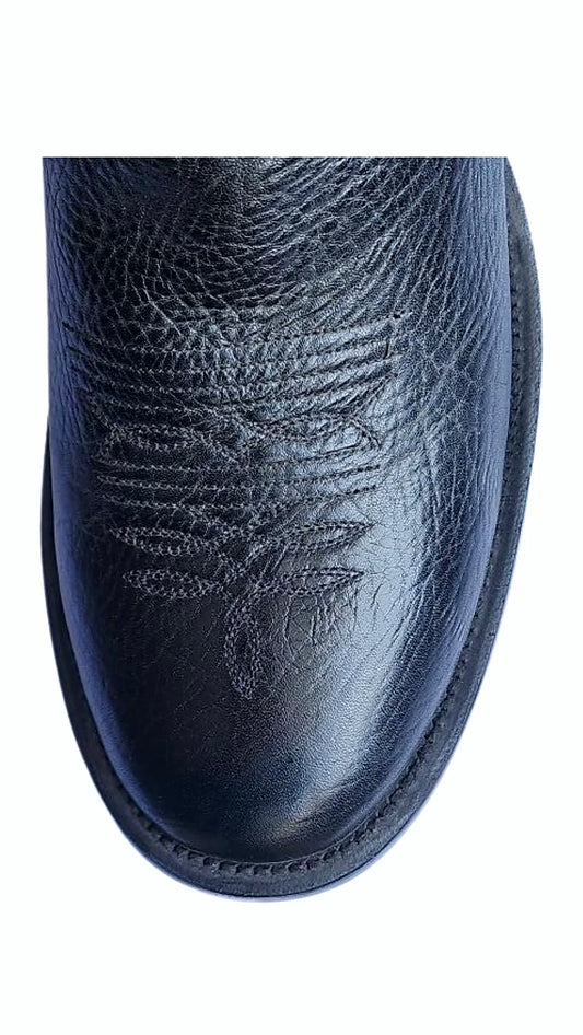 Tall black cowboy boot with a round toe and firm shaft