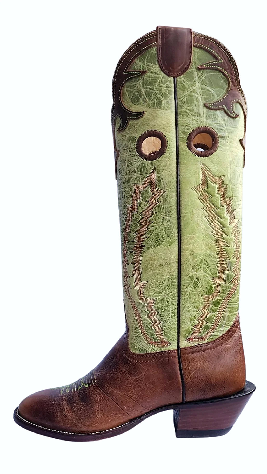 Tan bullhide western boot with a round toe and 16-inch shaft