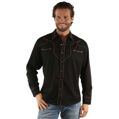 Black western pearl snap shirt with brown piping ending in arrow tips