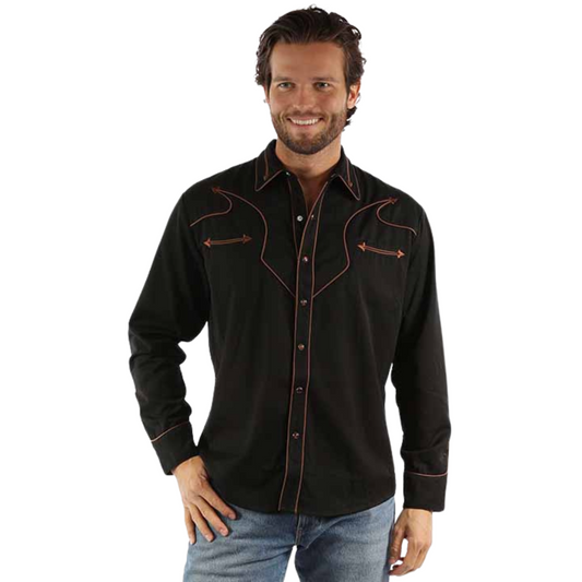 Black western pearl snap shirt with brown piping ending in arrow tips