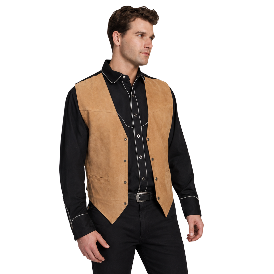 Bourbon brown western vest worn over a black shirt with a tan front panel