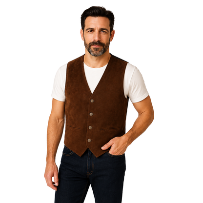 Rear view of the bourbon vest showing the satin back and waist strap