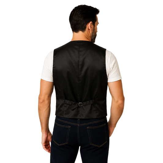 Back of the espresso vest showing the satin panel and adjustable strap