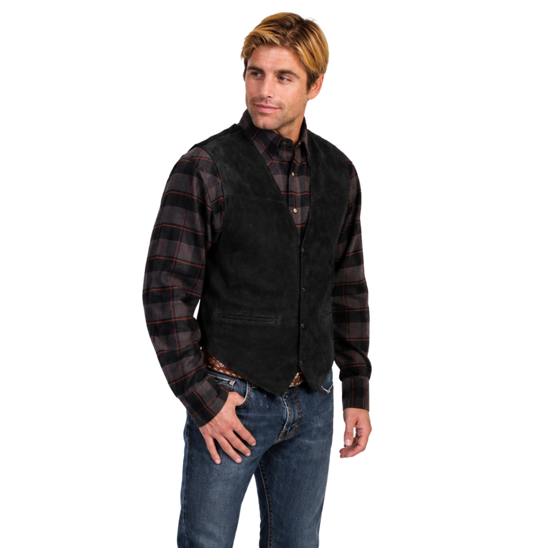Black western vest worn over a white tee, front view on a standing model