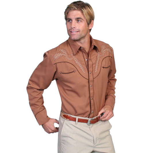 Brown western shirt with pale bootstitch embroidery across the chest yoke