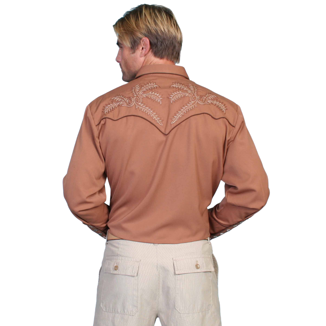 Back of the brown shirt showing the bootstitch pattern over the shoulders