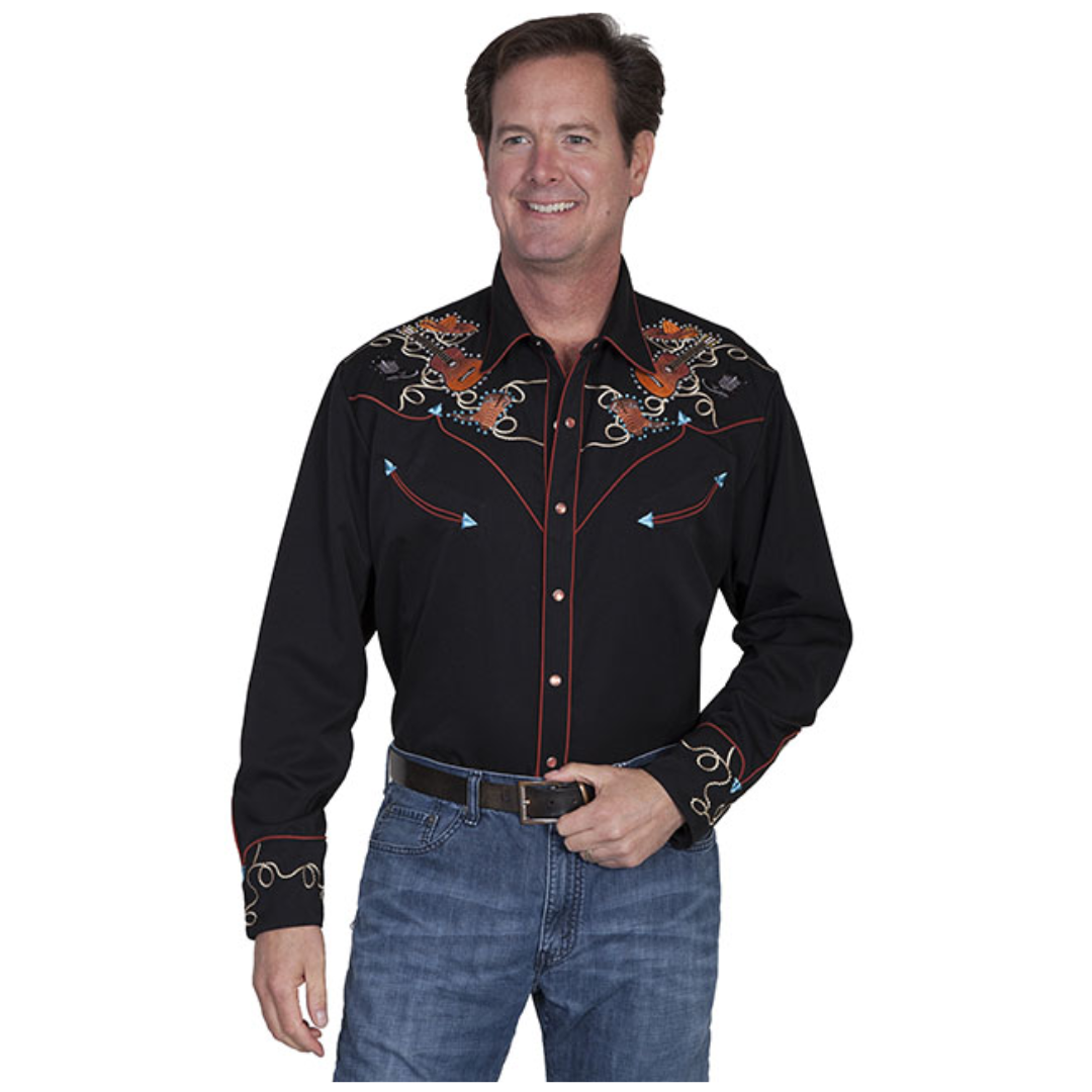 Western shirt embroidered with boots, hats and guitars set with coloured stones
