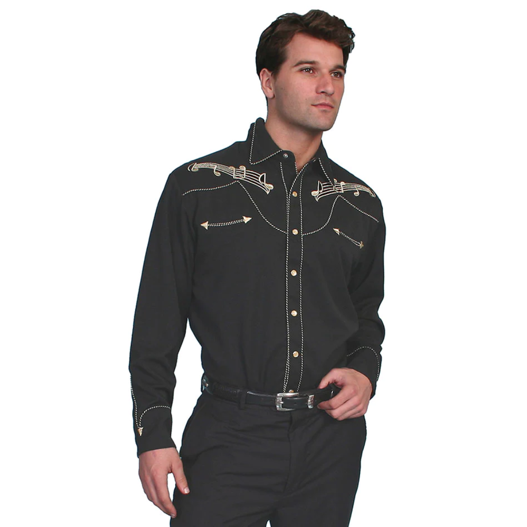 Black western shirt with gold music note embroidery across the front yokes