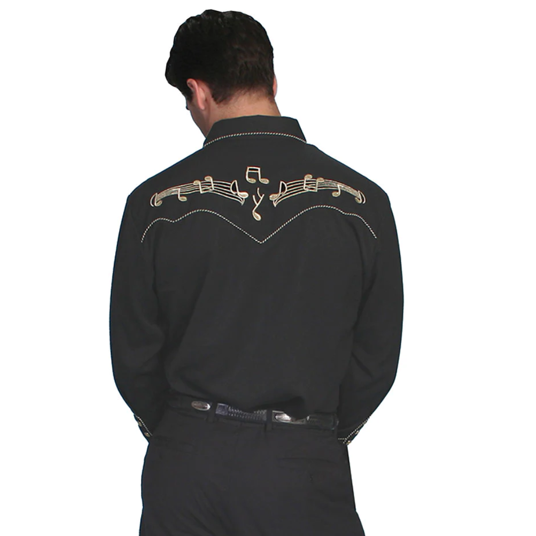 Back view showing the gold notes and contrast piping over the shoulders