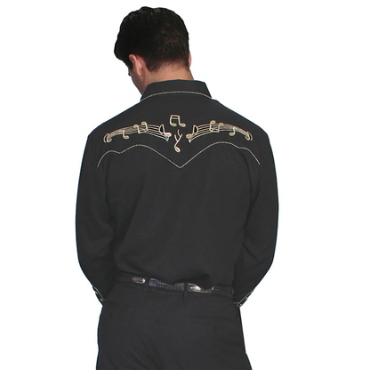 Back view showing the gold notes and contrast piping over the shoulders