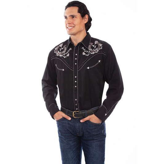 Black western shirt with grey horseshoe and rose embroidery and studded yokes