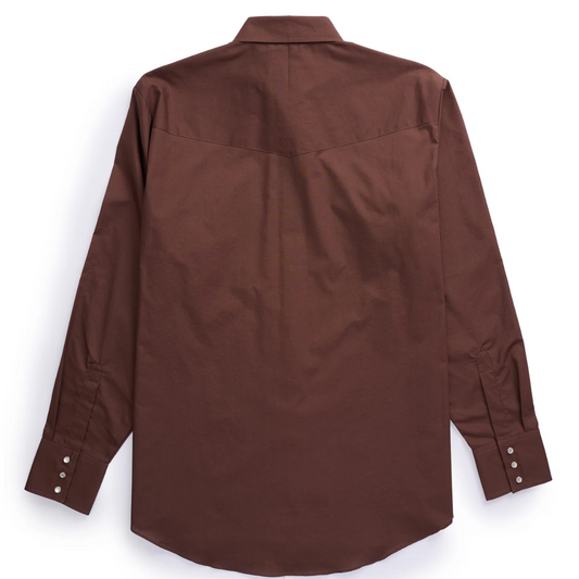 Solid chocolate brown long sleeve shirt laid flat with pearl snap placket