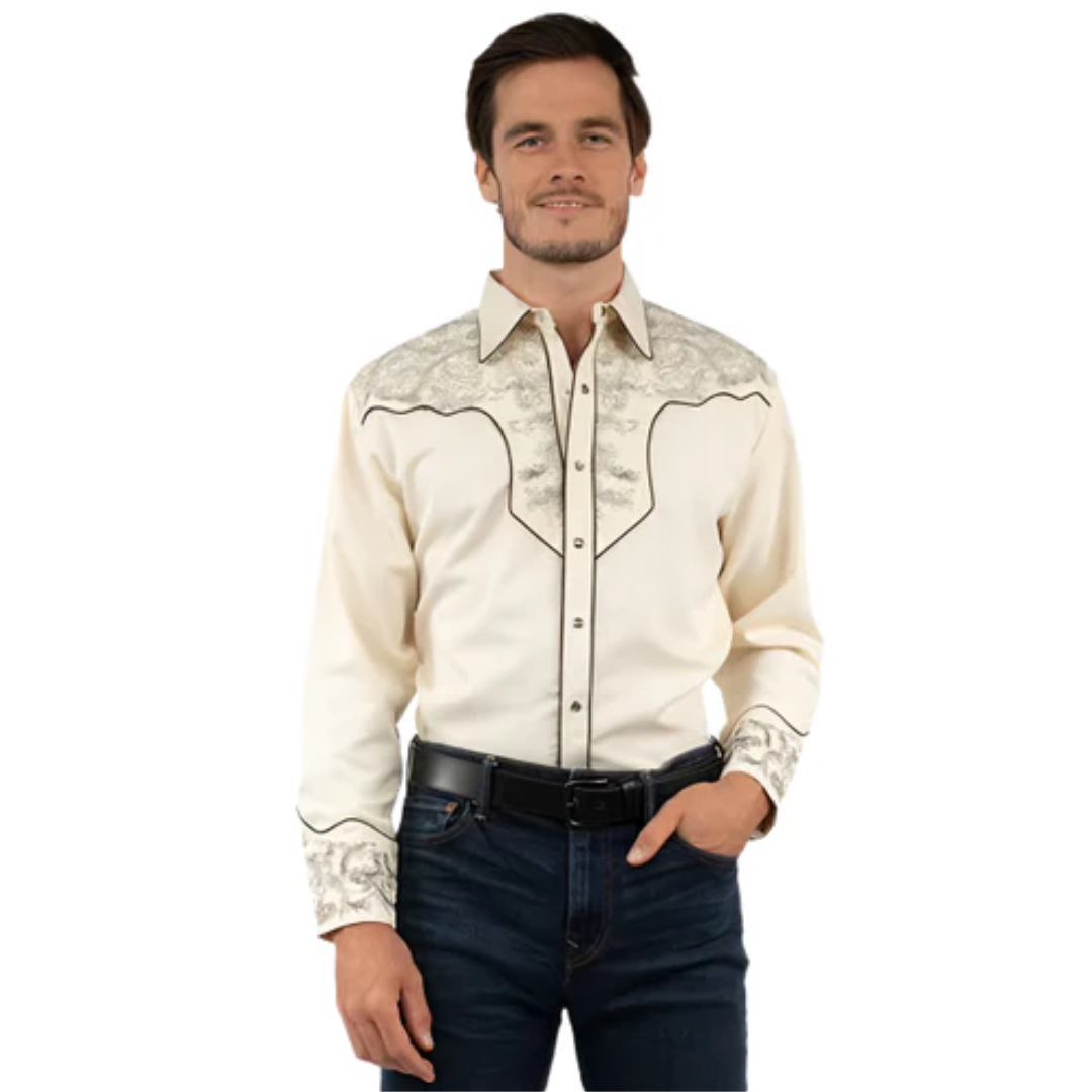 Cream western shirt with contrast paisley embroidery across the front yoke