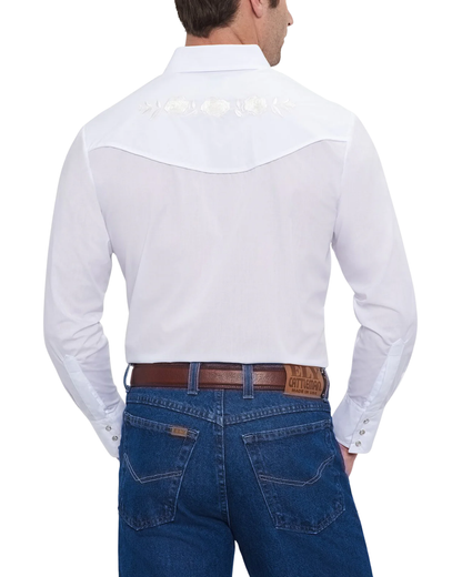 Back of the white shirt showing the rose embroidery running across the yoke