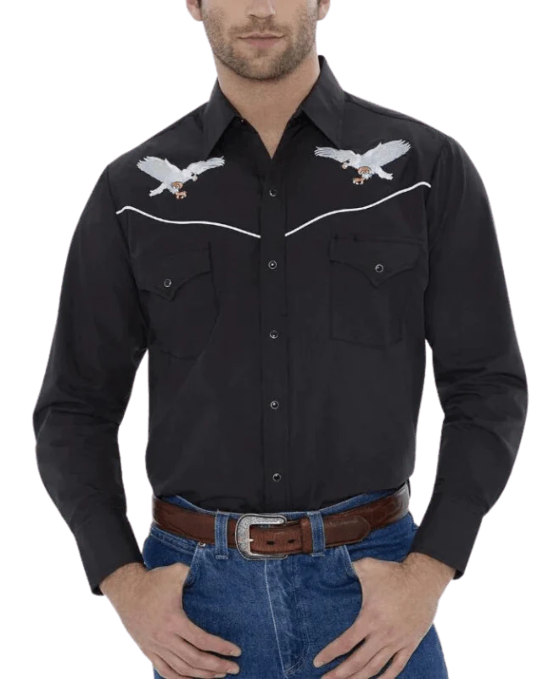 Black western snap shirt with pale eagle embroidery spread across the chest
