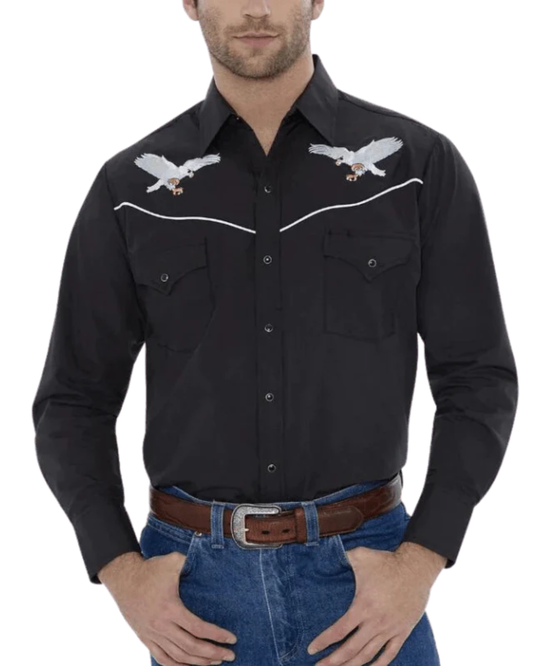 Black western snap shirt with pale eagle embroidery spread across the chest