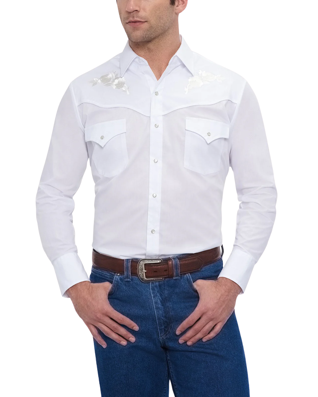White western shirt with tonal rose embroidery across the yoke, front view