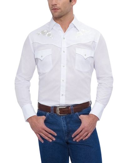 White western shirt with tonal rose embroidery across the yoke, front view