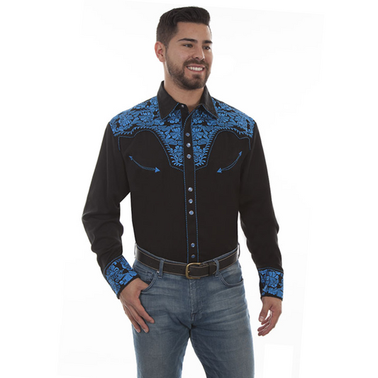 Royal blue western shirt with contrasting floral tooled embroidery at the yoke