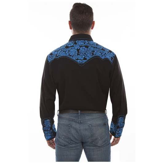 Back of the blue shirt showing the tooled floral pattern across the shoulders