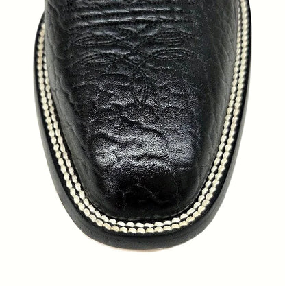Round toe cowboy boot in black bullhide with a navy volcano shaft