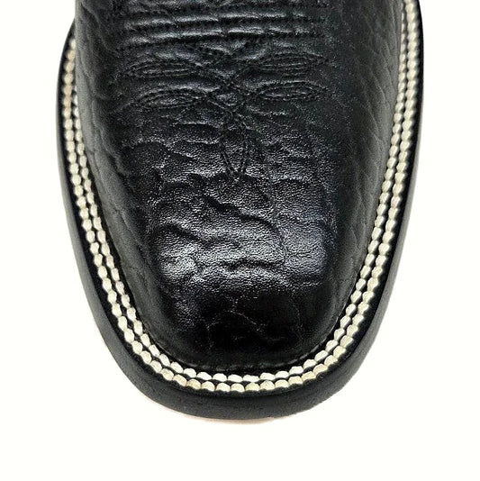 Round toe cowboy boot in black bullhide with a navy volcano shaft