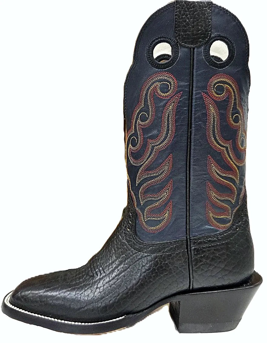 Two-tone western boot with black bullhide vamp and navy top