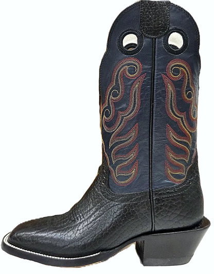 Two-tone western boot with black bullhide vamp and navy top