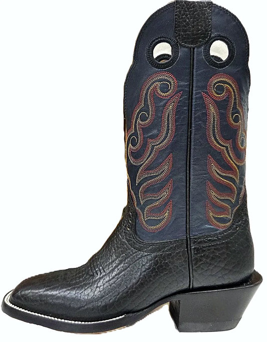 Two-tone western boot with black bullhide vamp and navy top