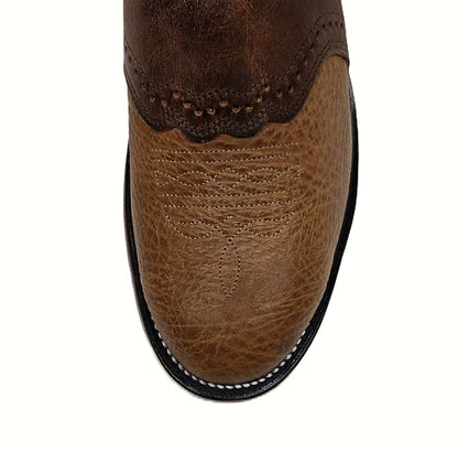Round toe cognac bullhide boot, product photograph
