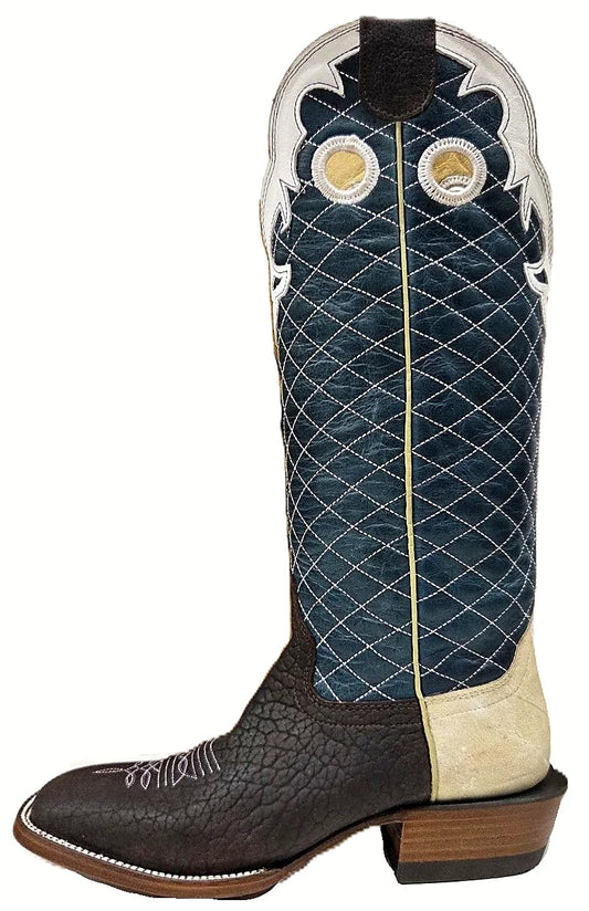 Two-tone western boot with brown oiled bullhide vamp and navy top