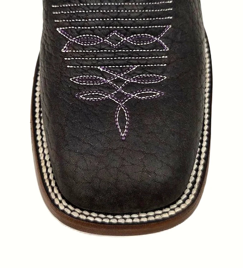 Square toe cowboy boot in brown bullhide with a navy volcano shaft