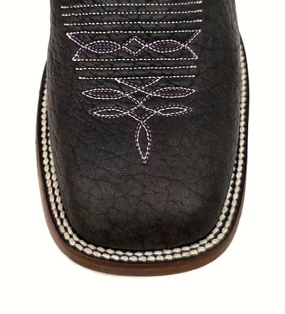 Square toe cowboy boot in brown bullhide with a navy volcano shaft