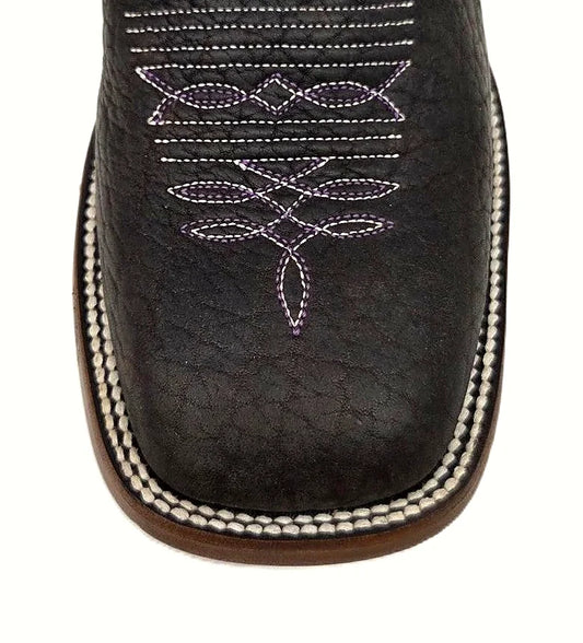 Square toe cowboy boot in brown bullhide with a navy volcano shaft