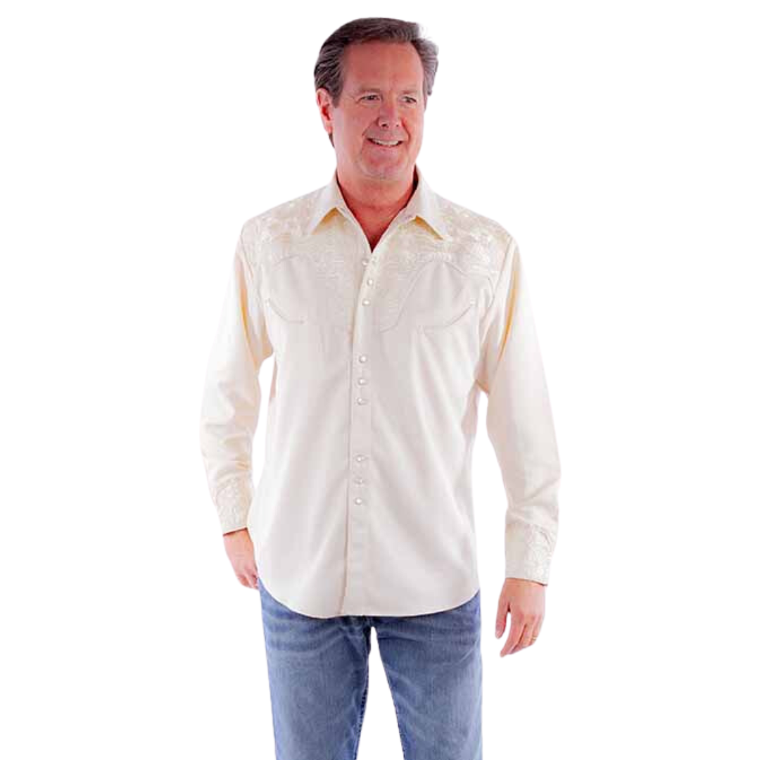 Back view of the ivory shirt showing the tooled embroidery on the shoulders