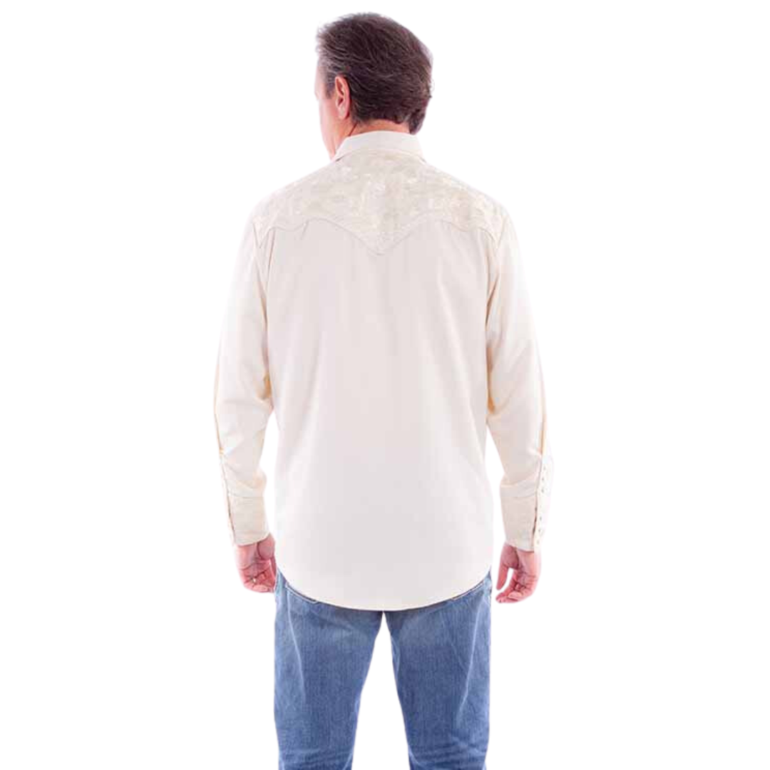 Ivory western shirt with tonal floral tooled embroidery across the yokes