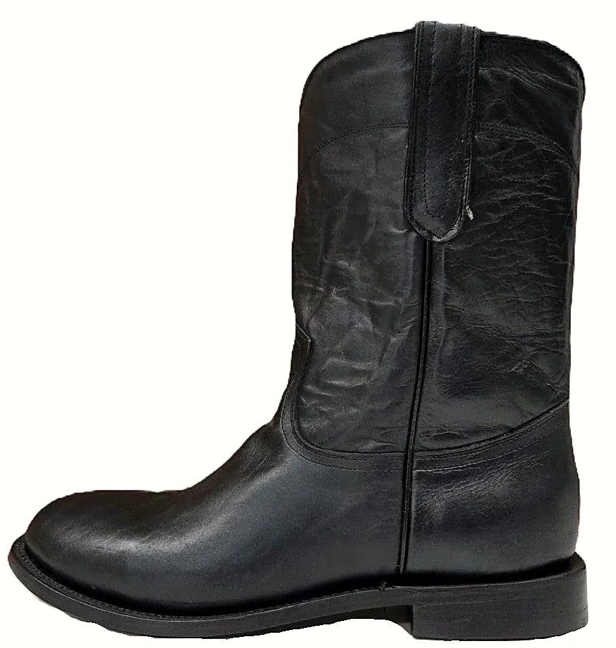 Black cowhide roper boot with a low roper heel