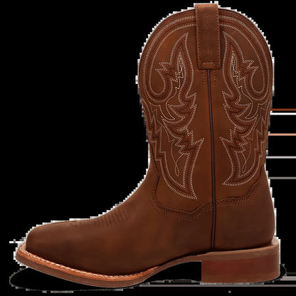 Broad square toe western work boot with a rubber outsole