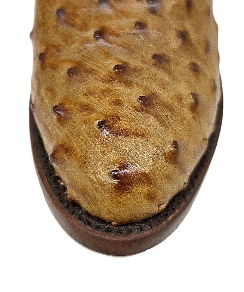 Saddle ostrich foot vamp with contrasting brown stitched upper
