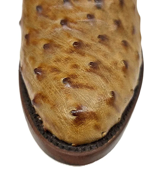 Saddle ostrich foot vamp with contrasting brown stitched upper