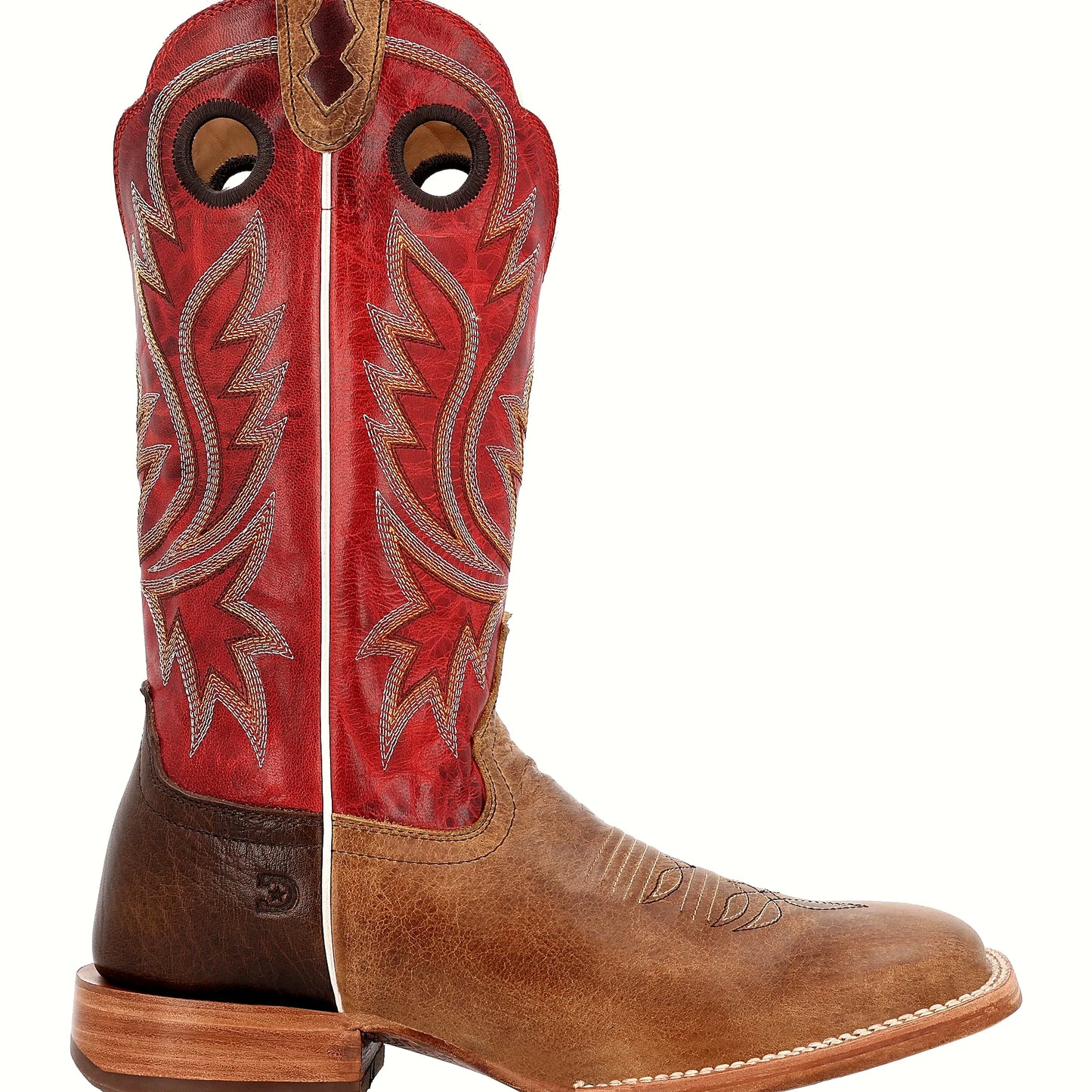 Square toe bison boot with a leather stacked stockman heel